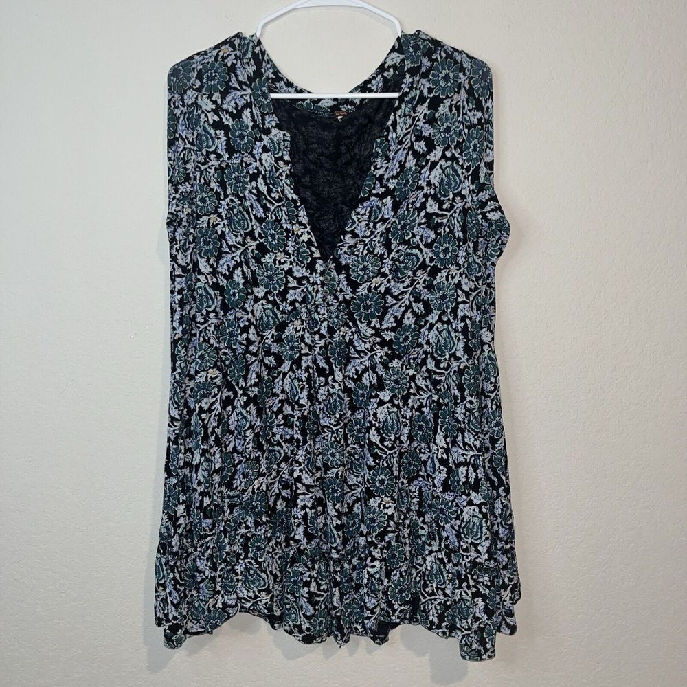 Free People Olivia Deep Sea Combo Tunic Top Mini Dress XS Long Sleeve Floral